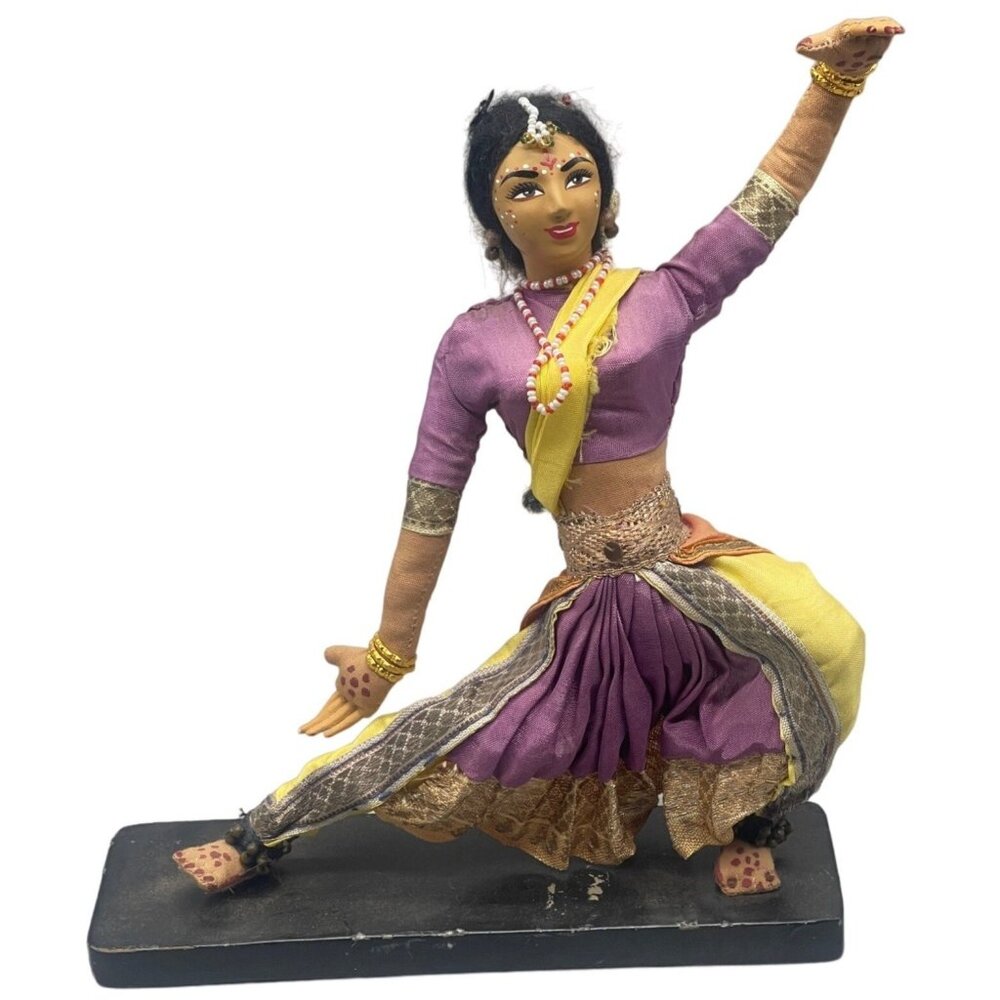 India dancer figurine on stand purple yellow made in India 8x8" embellish READ
